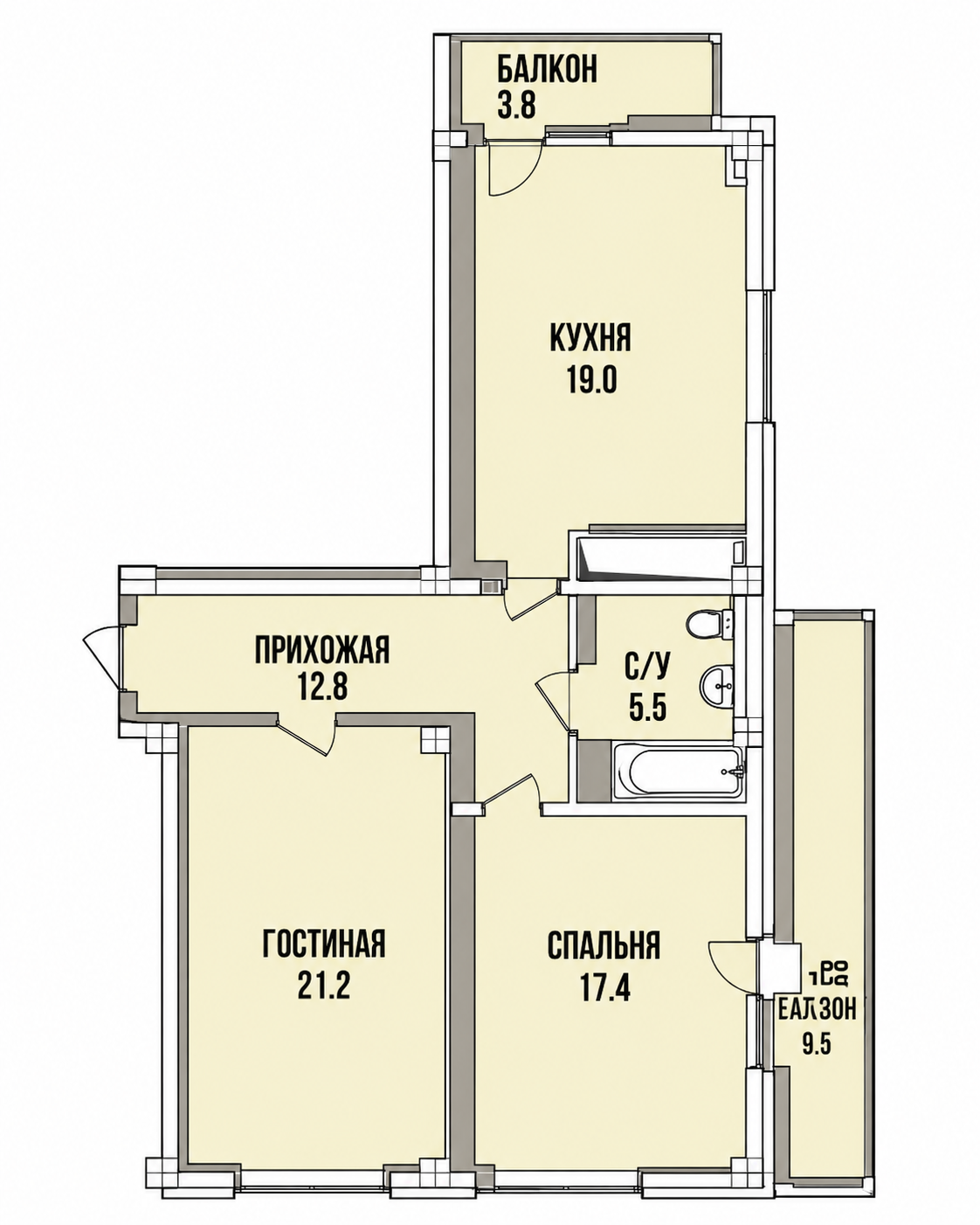 2-комнатная 87 м², тип 2 — планировка