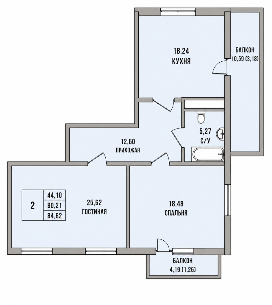 2-комнатная 87 м², тип 3 — планировка