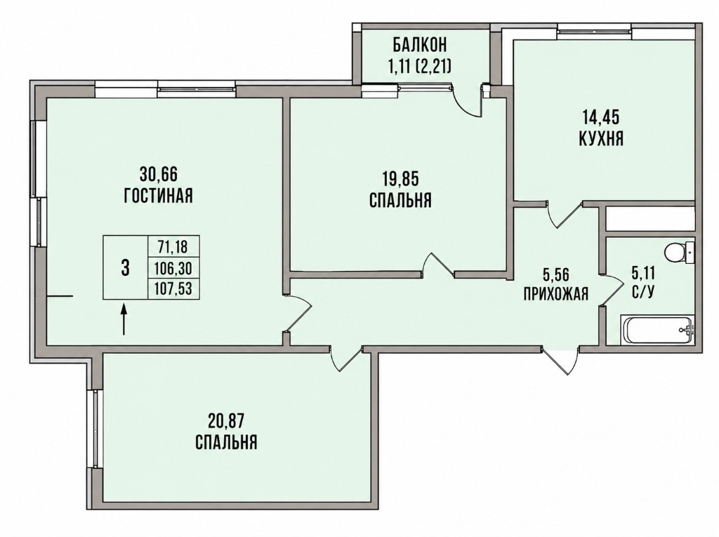 3-комнатная 109 м² — планировка